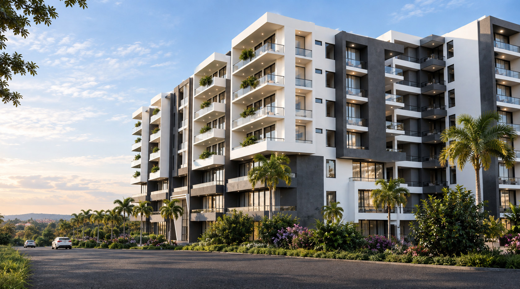 Daytime exterior view of Inyange Plaza, a modern multi-storey residential building with white and dark facade finishes, balconies, palm landscaping and surrounding greenery in Kacyiru, Kigali.